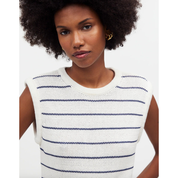 Madewell Puff Trim Sweater Vest Striped Ivory Cotton Linen Preppy XXS NWT - Picture 5 of 14